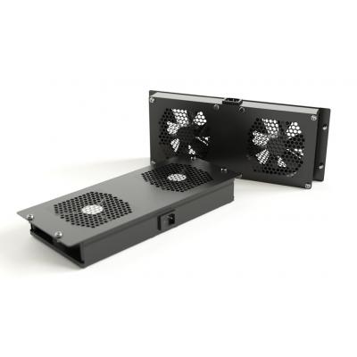 Вентиляторный модуль Hyperline, без кабеля питания, 220V, 1U, 41х298х148 мм (ВхШхГ), вентиляторов: 2, поток: 100 м3/ч, для шкафов, цвет: чёрный