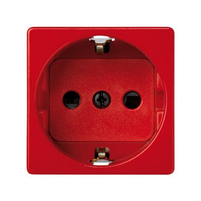 Розетка электрическая Simon Simon 27, 2к+З, 16А, 45х45 мм (ВхШ), шторки защитные, цвет: красный