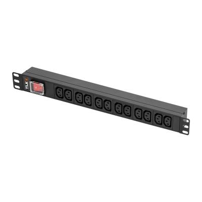 Блок силовых розеток TLK, IEC 60320 С13 х 12, вход IEC 60320 C14, для шкафов и стоек, 44,4х483х44,4 мм (ВхШхГ), 10А, автомат, чёрный
