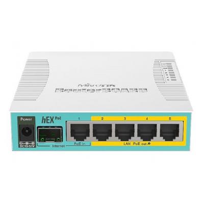 Маршрутизатор Mikrotik, HEX PoE, портов: 5, LAN: 4, USB: Да, 52х125х225 мм (ВхШхГ), цвет: белый, 802.3af/at, SFP порт, RB960PGS-PB