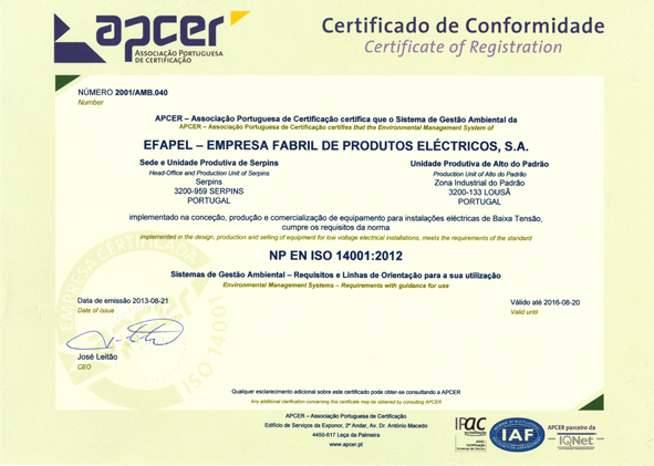 Сертификат Efapel ISO-14001
