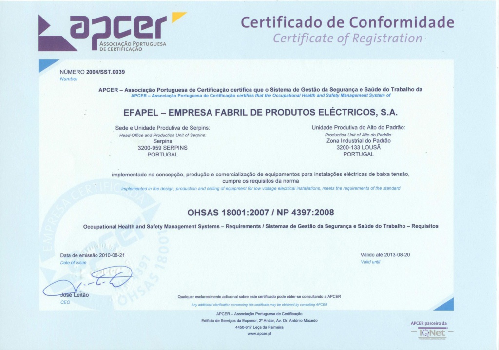 Сертификат Efapel OHSAS-18001-2007