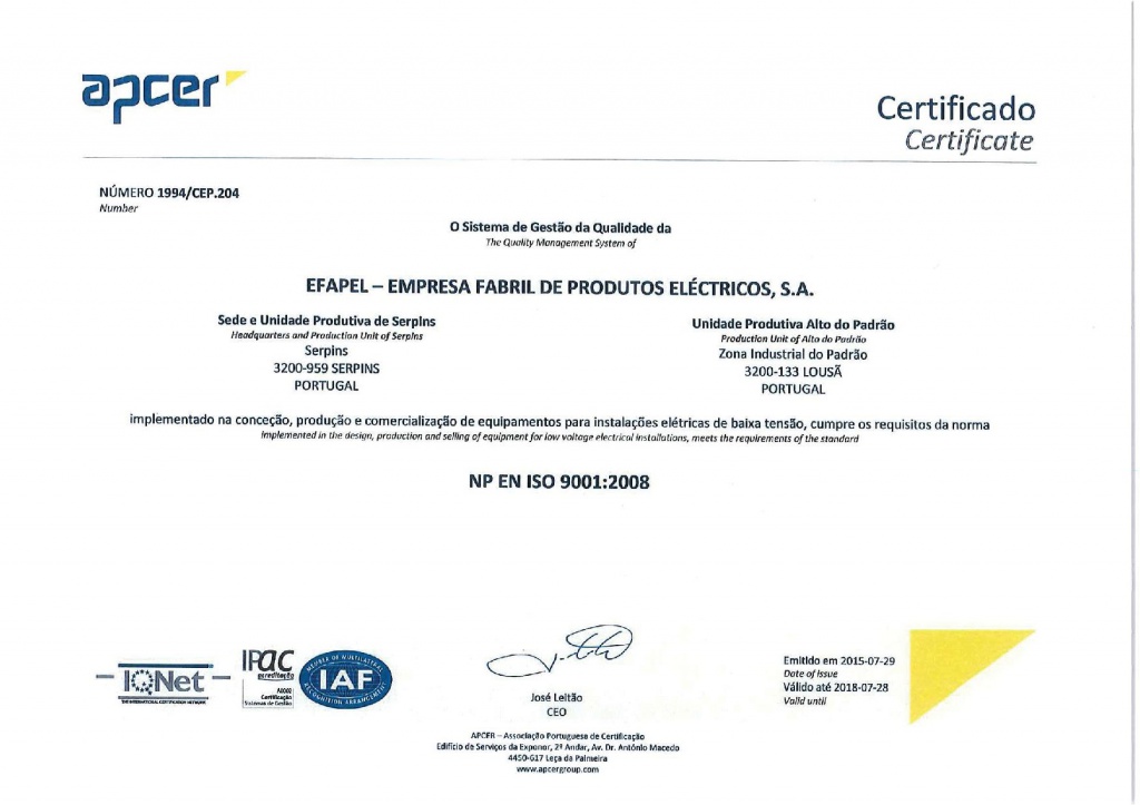 Сертификат Efapel ISO-9001