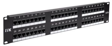 Комм. патч-панель ITK, 19", 2HU, портов: 48 х RJ45, кат. 5е, неэкр., цвет: чёрный, (PP48-2UC5EU-D05)