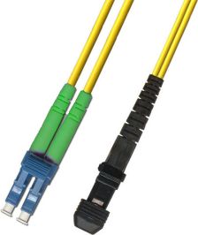 (Архив)Комм. шнур оптический Hyperline, Duplex LC/MTRJM (APC), OS2 9/125, LSZH, 1м, Ø 2мм, зелёный хвостовик, цвет: жёлтый