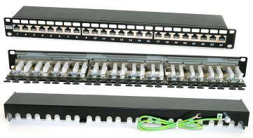 Комм. патч-панель Hyperline, 19", 1HU, портов: 24 х RJ45, кат. 6A, универсальная, экр., цвет: чёрный, (PP2-19-24-8P8C-C6A-SH-110D)