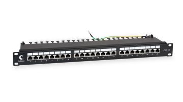 Комм. патч-панель Cabeus, 19", 1HU, портов: 24 х RJ45, кат. 5е, экр., цвет: чёрный, (PL-24-Cat.5e-SH-Dual)