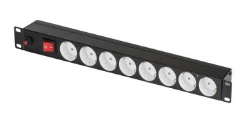 Блок розеток (PDU) Basic TLK, Schuko х8, 45х485х50 мм(ВхШхГ), 10А, 1ф, подкл IEC C14, выключатель, фильтр защиты от напряжения, чёрный