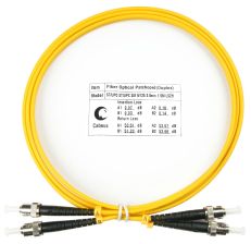 Комм. шнур оптический Cabeus Tight Buffer, Duplex ST/ST, OS2 9/125, LSZH, 1,5м, Ø 3мм, чёрный хвостовик, цвет: жёлтый