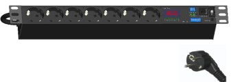 (Архив)Блок силовых розеток Hyperline, Shuko х 7, вход Schuko, шнур 3 м, 44х485,5х68 мм (ВхШхГ), 16А, чёрный