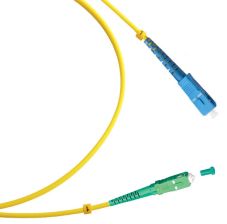 Комм. шнур оптический Cabeus Tight Buffer, Simplex SC/SC (APC/UPC), OS2 9/125, LSZH, 3м, Ø 3мм, синий хвостовик, цвет: жёлтый