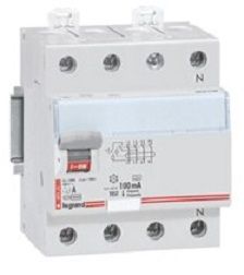 Устройство защитного отключения Legrand DX3, тип: AC, 4 модуль, 4Р, 40А/100мА, зажим для нейтрального проводника с правой стороны (411713)