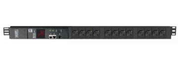 (Архив)Блок силовых розеток Hyperline, Shuko х 12, вход Schuko, шнур 3 м, 881х44,4х66,6 мм (ВхШхГ), 16А, 19", чёрный, (тип А)