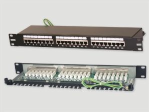 Комм. патч-панель Eurolan, 19", 1HU, портов: 24 х RJ45, кат. 5е, универсальная, экр., цвет: чёрный, (27B-F5-24BL)