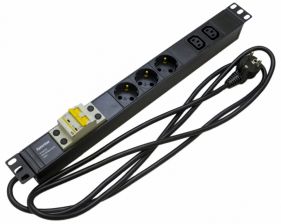 БРП (PDU) Basic Hyperline SHE19-(X)SH-(X)IEC, Schuko х 3, IEC 60320 С13 х 2, вход Schuko, шнур 2,5 м, 482,6мм, 1ф 16А, выключатель, чёрный