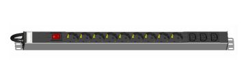 Блок силовых розеток Hyperline, Schuko, IEC 60320 C13 х 12, вход Schuko, 19", шнур 2,5 м, 723мм 16А, выключатель, чёрный