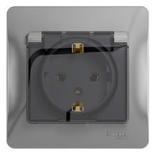 Розетка в сборе Schneider Electric Glossa, 2P+E, без подсветки, 16А, с прозрачной крышкой, 82х82 мм (ВхШ), шторки защитные, цвет: алюминий (GSL000346)
