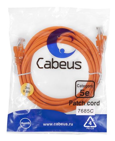 Шнур коммутационный Cabeus PC-UTP-RJ45-Cat.5e-3m-OR-LSZH