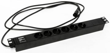 Блок распределения питания Hyperline SHE19-(X)SH, 2,5м, Schuko х6, 44х482,6х44,4 мм(ВхШхГ), 10А, 1ф, подкл IEC C14, чёрный, кабель питания 3х1.0мм2