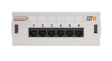Комм. патч-панель Nikomax, настенная, 0,5HU, портов: 6хRJ45/8P8C, кат. 6, неэкр., цвет: белый, (NMC-WP06UE2-GY)