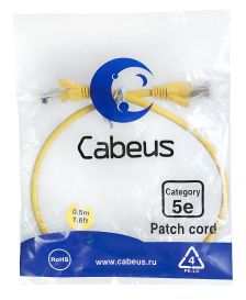 Шнур комм. Cabeus, кат. 5е, неэкр., U/UTP, RJ45/RJ45, LSZH, AWG24 0.5м, жёлтый