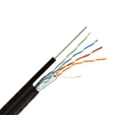 Кабель витая пара Hyperline, PE, F/UTP, кат. 5е, проводник Ø 0,51мм, 500м, катушка, тип прокладки: снаружи зданий, цвет: чёрный, металлич. трос ∅ 1.25