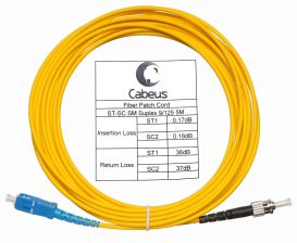 Комм. шнур оптический Cabeus Tight Buffer, Simplex SC/ST, OS2 9/125, LSZH, 5м, Ø 3мм, синий хвостовик, цвет: жёлтый