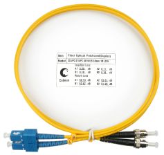 Комм. шнур оптический Cabeus Tight Buffer, Duplex ST/SC, OS2 9/125, LSZH, 1м, Ø 3мм, чёрный хвостовик, цвет: жёлтый