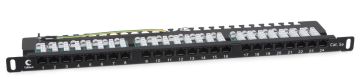 Комм. патч-панель Cabeus, 19", 0,5HU, портов: 24 х RJ45, кат. 5е, неэкр., цвет: чёрный, (PLHD-24-Cat.5e-Dual-90-0,5U)