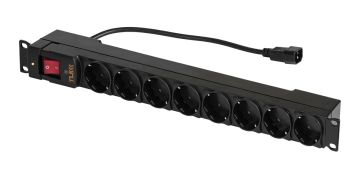 Блок розеток (PDU) Basic TLK, Schuko х8, 44,4х482х68 мм(ВхШхГ), 10А, 1ф, подкл IEC C14, оборудован защитными шторками, чёрный