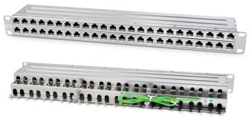 Комм. патч-панель Hyperline, 19", 1HU, портов: 48 х RJ45, кат. 6A, универсальная, экр., (PPHD-19-48-8P8C-C6A-SH-110D)