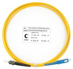 Комм. шнур оптический Cabeus Tight Buffer, Simplex SC/ST, OS2 9/125, LSZH, 2м, Ø 3мм, синий хвостовик, цвет: жёлтый