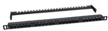 Комм. патч-панель Cabeus, 19", 0,5HU, портов: 24 х RJ45, кат. 5е, неэкр., цвет: чёрный, (PLHD-24-Cat.5e-Dual-180-0,5U)