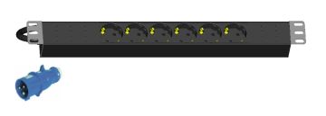 Блок силовых розеток Hyperline, Schuko х 6, вход IEC 309 16A 2P+E, 19", шнур 2 м, 44мм 16А, чёрный