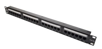 Комм. патч-панель Datarex, 19", 1HU, портов: 24 х RJ45, кат. 5е, универсальная, неэкр., цвет: чёрный, (DR-4001)