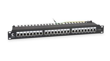 Комм. патч-панель Cabeus, 19", 1HU, портов: 24 х RJ45, кат. 6, экр., цвет: чёрный, (PL-24-Cat.6-SH-Dual)