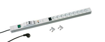 Блок силовых розеток Zpas, IEC 60320 С13 х 1, Schuko х 9, вход Schuko, шнур 3 м, 44мм 16А, автомат, фильтр защиты перенапряжений, серый