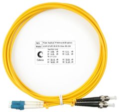 Комм. шнур оптический Cabeus Tight Buffer, Duplex LC/ST, OS2 9/125, LSZH, 3м, Ø 3мм, чёрный хвостовик, цвет: жёлтый
