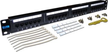 Комм. патч-панель TWT, 19", 1HU, портов: 24 х RJ45, кат. 5е, неэкр., цвет: чёрный, (TWT-PP24UTP)