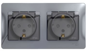 Розетка в сборе Schneider Electric Glossa, 2P+PE, без подсветки, 16А, с прозрачной крышкой, 83х154 мм (ВхШ), шторки защитные, цвет: алюминий (GSL00034