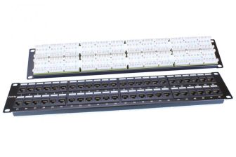 Комм. патч-панель Hyperline PP3, 19", 2HU, портов: 48 х RJ45, кат. 5е, универсальная, неэкр., цвет: чёрный, (PP3-19-48-8P8C-C5E-110D)