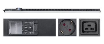 Блок распределения питания Cabeus, Schuko х16, IEC С19 х8, 45х1478х45 мм(ВхШхГ), 32А, 1ф, подкл клеммная колодка, автомат, чёрный