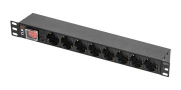 Блок розеток (PDU) Basic TLK, Schuko х8, 44,4х490х68 мм(ВхШхГ), 10А, 1ф, подкл IEC C14, автомат, чёрный
