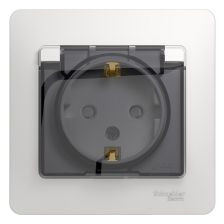 Розетка в сборе Schneider Electric Glossa, 2P+E, без подсветки, 16А, с прозрачной крышкой, 82х82 мм (ВхШ), шторки защитные, цвет: белый (GSL000148)