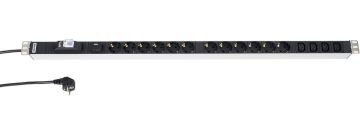 БРП (PDU) Basic Hyperline, Schuko х 12, IEC 60320 С13 х 4, вход Schuko, шнур 2,5 м, 1 005мм, 1ф 16А, автомат, фильтр защиты напряжен., чёрный