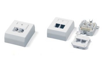 (Архив)Розетка в сборе Hyperline, 2x RJ45, кат. 6, экр., внешняя, 65х80 мм (ВхШ), цвет: белый, (SB-GTS2-8P8C-C6-SH-WH)