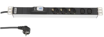 БРП (PDU) Basic Hyperline, Schuko х 3, IEC 60320 С13 х 2, вход Schuko, шнур 2,5 м, 44мм, 1ф 16А, автомат, алюминий